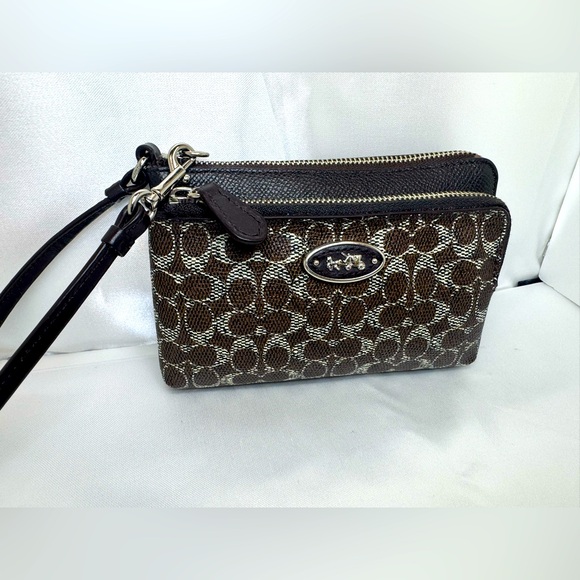 Coach Double Zip Wristlet Signature Brown Black Cream F1420 52455 Logo Plaque - Picture 2 of 10